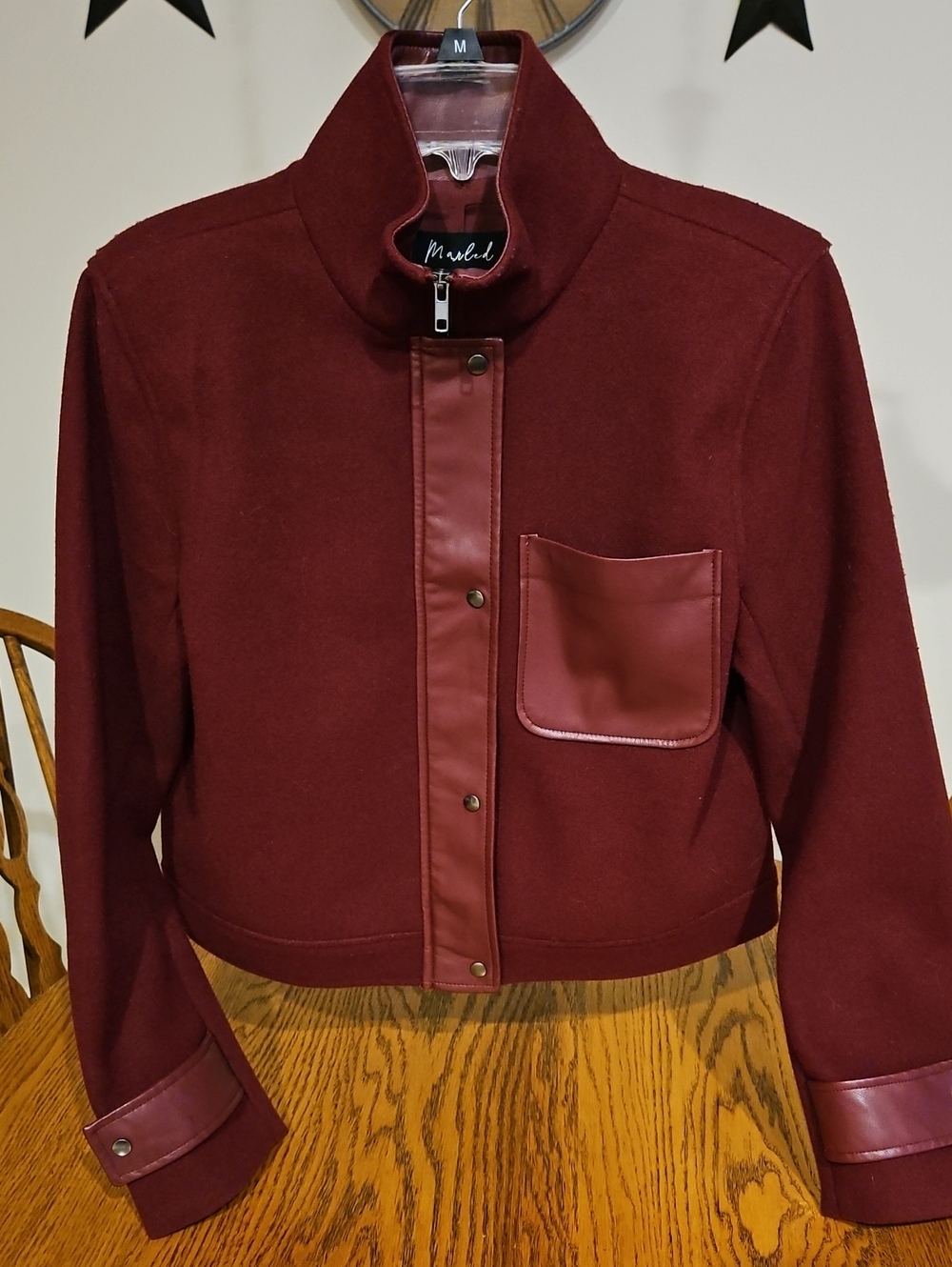 Marled Women's Wine Cropped Snap Front Jacket With Faux Leather Trim